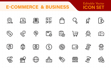 Wall Mural - E-Commerce set of web icons in line style. Online shopping icons for web and mobile app. Business, mobile shop, digital marketing, bank card, gifts, sale, delivery. Vector illustration