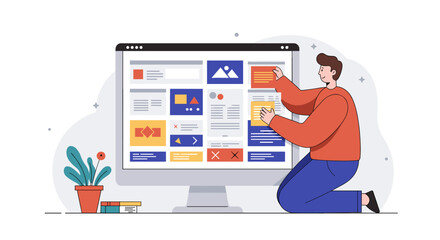 Website development concept with designer at computer screen - flat vector illustration for digital design and web projects