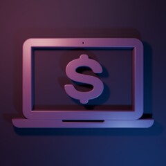Wall Mural - purple laptop with dollar symbol icon isolated on purple-blue background. online shopping concept. e