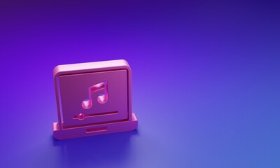 Wall Mural - pink laptop with music note symbol on screen icon isolated on purple-blue background. minimalism con