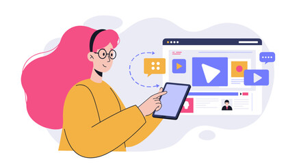 Flat style vector illustration of young woman interacting with digital media on tablet for online communication design
