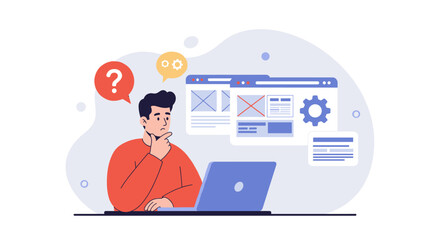 Conceptual vector illustration of a man thinking with a laptop for web design and development