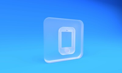 Wall Mural - frosted glass smartphone, mobile phone icon isolated on blue background. square frosted glass button