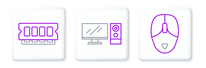Set line Computer mouse, RAM, random access memory and monitor icon. Vector