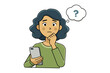 © FARHANA - Confused person holding a smartphone with a question mark in a thought bubble above their head