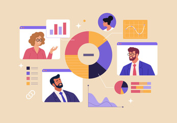 Online Business Analytics Concept. Vector illustration of diverse people in web page windows discussing statistical graphs. Isolated on background.