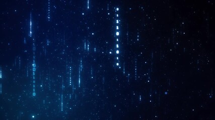 Cyber matrix background with floating binary columns, digital particle trails, and abstract technology blur in neon blue for AI data flow, coding security, and futuristic business visuals