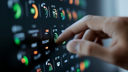A hand interacts with a high-tech control panel displaying numerous data points and indicators