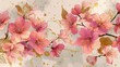 © Johannes - Spring floral in watercolor vector background. Luxury wallpaper design with pink flowers, line art, golden texture. Elegant gold blossom flowers illustration suitable for fabric, prints, cover., no l
