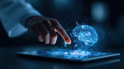 Wall Mural - hand using tablet with creative glowing blue medical hologram. medicine technology concept. double e
