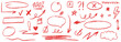 © PawLoveArt - Red pencil hand drawn text underline, oval, chalked arrows, check marks. Doodle charcoal stroke emphases, arrow, highlight, speech bubble elements. Marker, pen brush stroke. Vector illustration