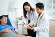 © Nuttapong punna - Doctor and nurse consult senior patient in hospital bed, discussing medicine & treatment. Caring medical team supports