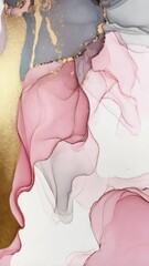 Wall Mural - abstract watercolor art with gray and pink hues, gold accents, flowing shapes, delicate lines, and t
