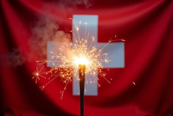 Wall Mural - Celebratory Sparklers Before Swiss Flag