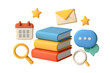 © StudioX - 3D stack of books with calendar, stars, message, email, search icons