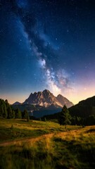 Wall Mural - starry night sky above majestic mountain range with meadows and forest landscape creating a peaceful