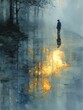© Mary - Watercolor Figure and Golden Reflection in Water: Ethereal Landscape