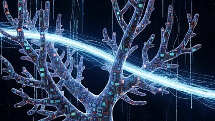 Futuristic treelike structure composed of circuits against a starry backdrop