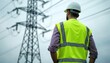 © Pete - Male engineer, telecom company employee, stands before high voltage power lines cell tower. Pro in safety vest helmet inspects power grid, ensuring energy distribution. Electrical, construction,