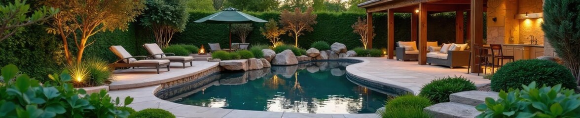 Wall Mural - Serene backyard oasis designed for relaxation and entertaining Landscaped with native plants, a patio, and water feature Perfect for a summer evening , irrigation, planting, backyard