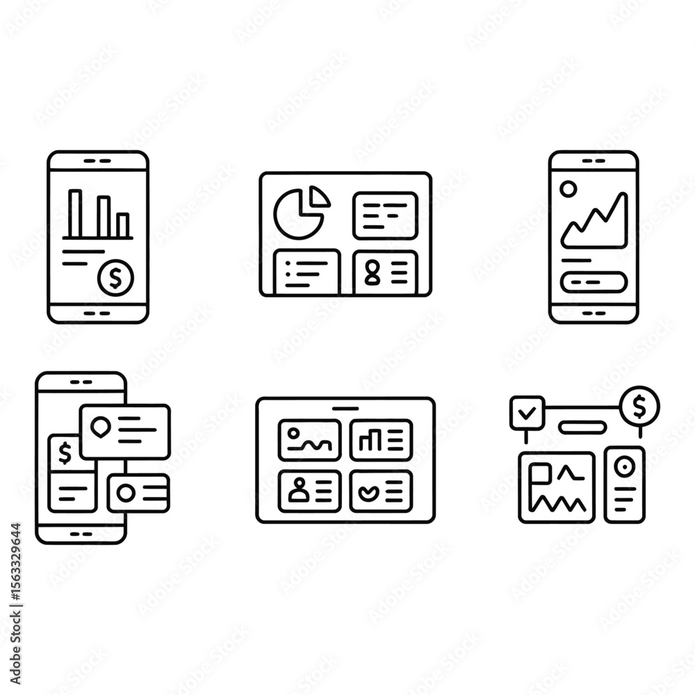 Modern Mobile Financial App UI Icons Clean Line Art Graphics for Business and Finance