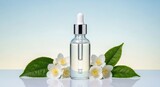jasmine essential oil serum dropper bottle with flowers and leaves on reflective surface