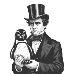 Wall Mural - victorian gentleman in a top hat holding a surprised penguin sketch engraving generative ai fictiona