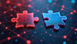 © Pete - Digital art of API integration concept. Two puzzle pieces interlock against futuristic abstract tech-inspired background connectivity, AI. Data exchange, digital transformation, system, network