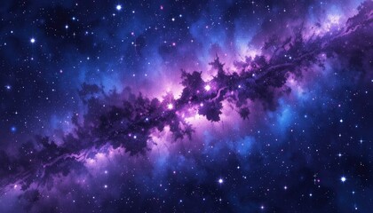 Vibrant purple and blue nebula with twinkling stars across the cosmos