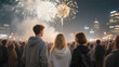© abu - Three friends watch gold and white fireworks over a blurred city crowd.