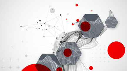Wall Mural - scientific and technological background. wave with wireframe hexagons of different types on a gray g