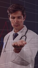 Wall Mural - animation of statistics and data processing over male doctor