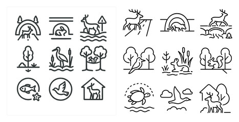 Naklejka na meble The first image shows a forest with a bird flying over it. The second image shows a forest with a turtle swimming in the water