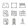 © Sergey - Land Ownership Icons. Line style icons of land ownership and development: vacant land icon, plot with boundaries, fenced land,