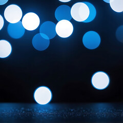 Wall Mural - abstract blue and white glowing bokeh lights scattered across a dark background with soft texture, s
