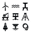 © Ms. Fox - Offshore Wind Icons. Solid, filled icons set of offshore wind platforms: wind turbine, ocean waves, platform