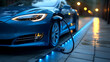 © Eva - Electric car charging at night station with city lights