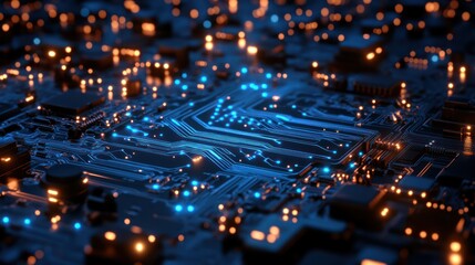 Wall Mural - Illuminated Circuit Board, Data Flow, Technology, Close-up, Abstract Background