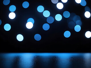 Wall Mural - abstract blue and white glowing bokeh lights scattered across a dark background with soft texture, s