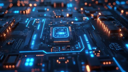 Glowing CPU on Motherboard, Circuit Board, Tech Background, Data Processing, Abstract
