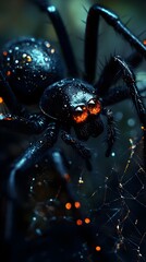 A Close Up View of a Black Spider on its Web at Night with Glowing Eyes
