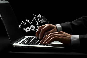 Businessman using a laptop with gears and arrows