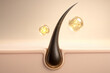 © J9P - A luxurious 3D close-up illustration of a healthy black hair strand emerging from a nourished follicle with golden serum molecules, representing advanced scalp care, hydration, and revitalization.