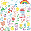 © IFRAT - Kid crayon hand drawn background. Children school pencil bg. Cute summer flower, cloud, house, rainbow sun child icon. Vector kid sketch illustration. Cute crayon children pattern. Color pencil doodle