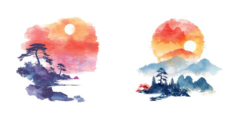 abstract color silhouette of japanese lanscape watercolor vector illustration