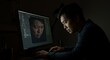 © Fery - Focused programmer meticulously works late into the night, immersed in complex code on his computer screen, a digital face subtly reflected in the