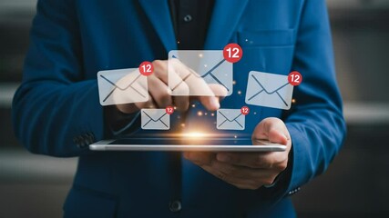 Email Management: Adult man in a blue blazer checks tablet inundated with unread email notifications, managing communications effectively.