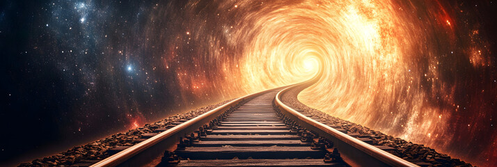Wall Mural - train tracks spiraling into cosmic vortex, surreal space journey