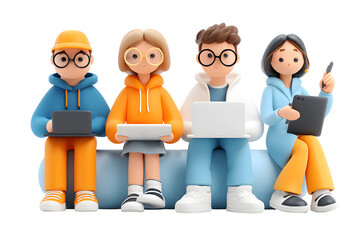 3d cartoon team working together on technology devices, collaboration and innovation