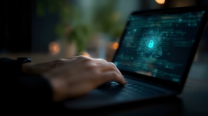 Hands typing on laptop keyboard in dark room with glowing cybersecurity interface on screen showing digital lock symbol, highlighting online protection concept.